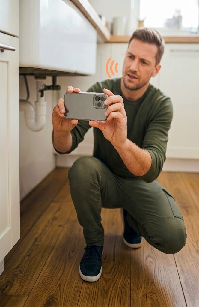 Person filming a leaking pipe under the kitchen sink with their phone