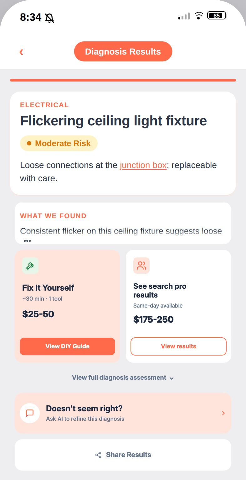 Diagnosis Results — Flickering ceiling light fixture, Moderate Risk amber rating, with What we found, Why it matters, What we recommend, plus DIY and Hire-a-Pro options.