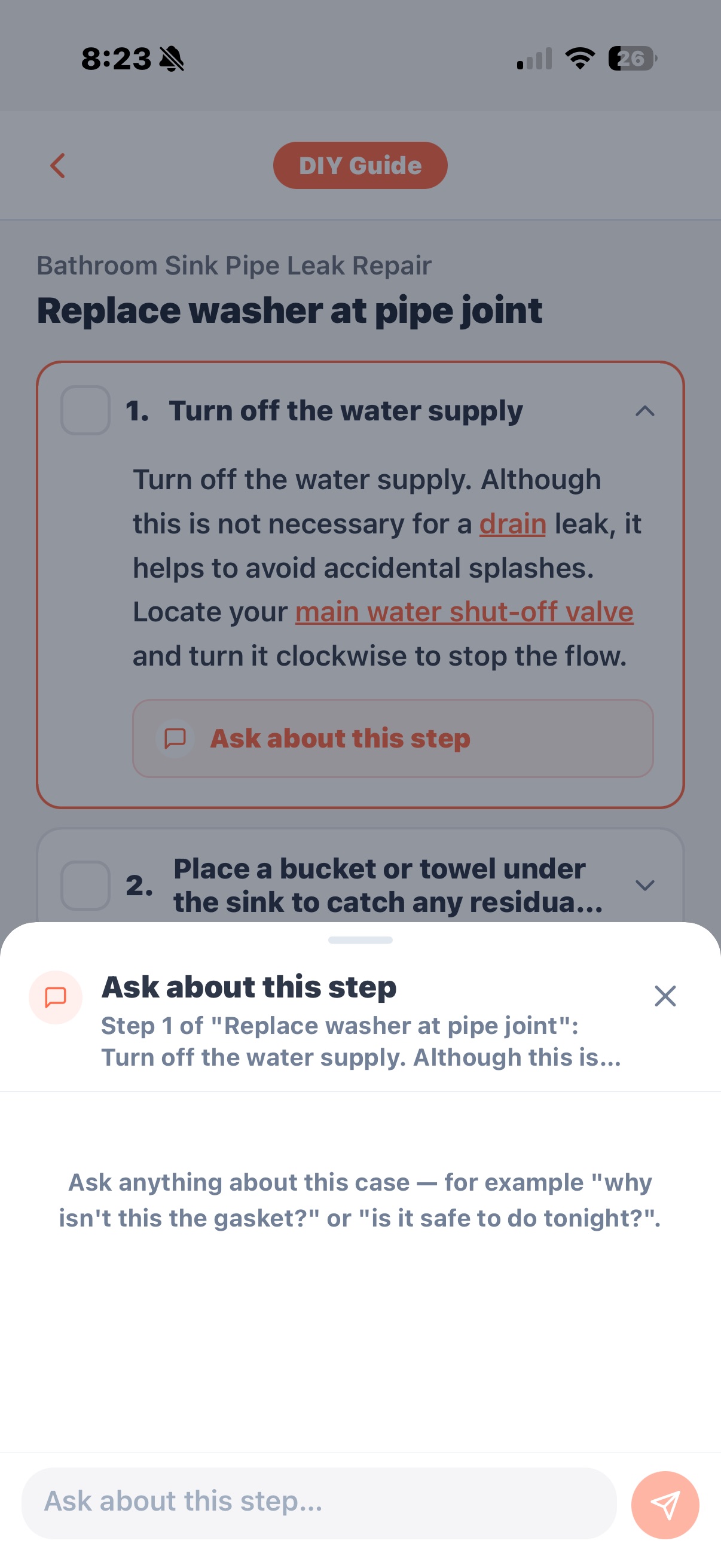 DIY Guide — 'Replace washer at pipe joint', step 1 'Turn off the water supply' with highlighted Ask-about-this-step button and chat sheet open.