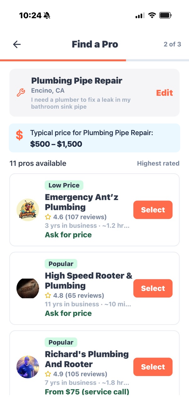 Find a Pro — Plumbing Pipe Repair in Encino, typical price $500–$1,500, list of vetted local plumbers with ratings and prices.